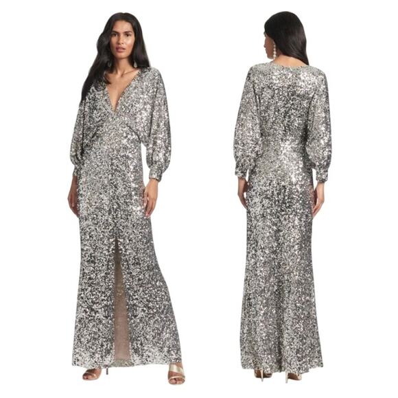 Sachin + Babi Women's Sequin Gabby Glitter Long Sleeve V Neck Gown Size 4 NWT - Picture 1 of 12
